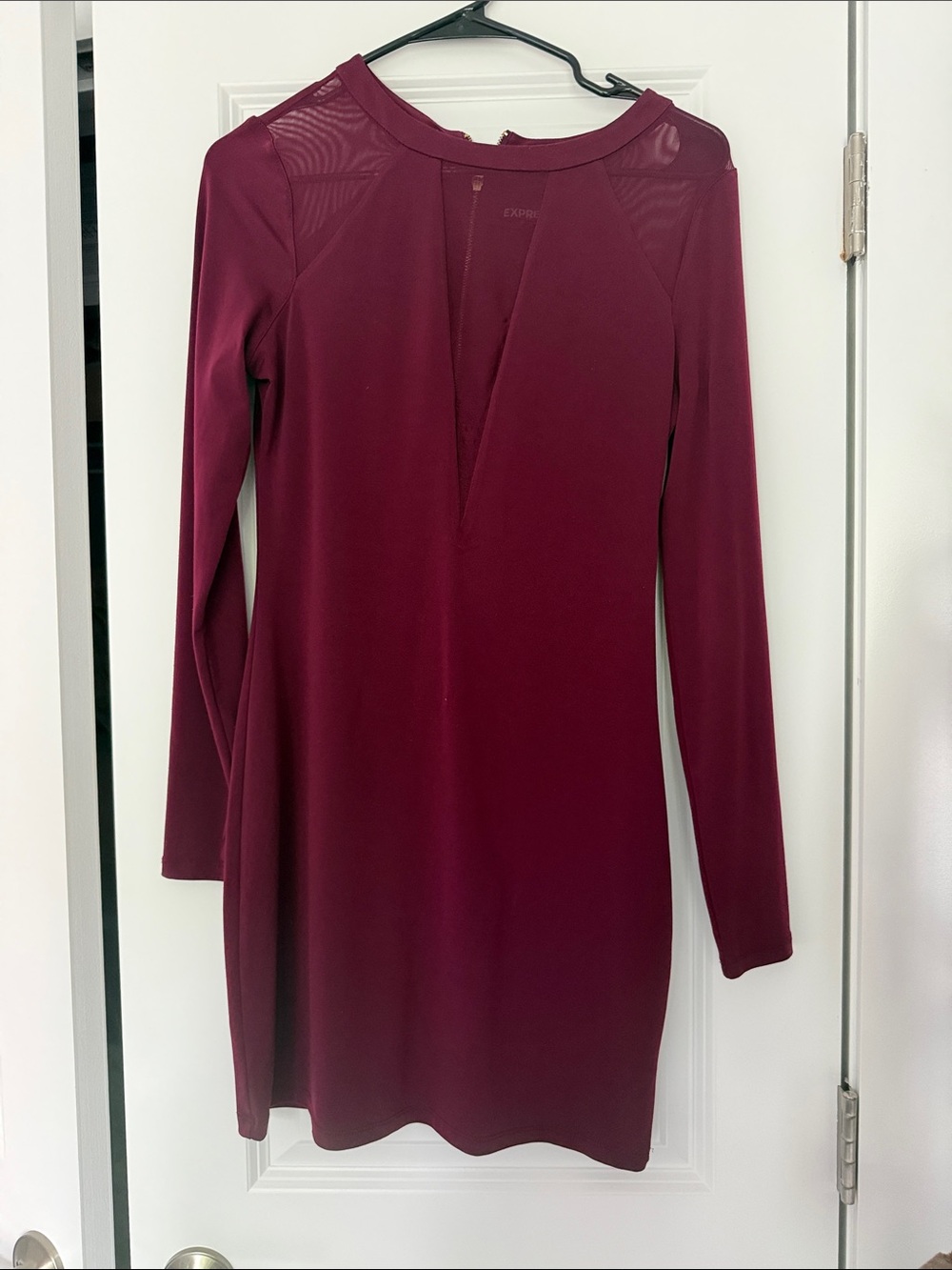Express Long Sleeve Mesh Panel Form fitting Dress — Burgundy